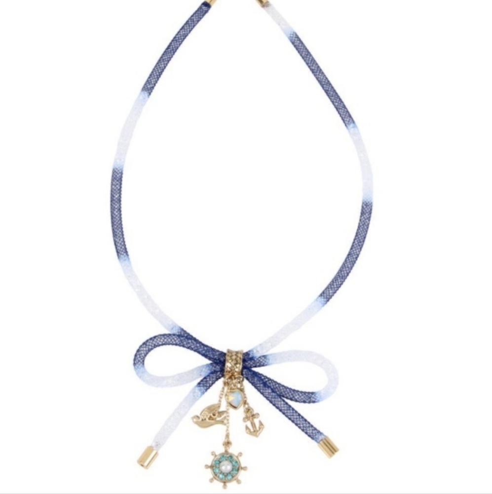 Betsey Johnson Anchors Aweigh Necklace Mesh Bow Crystals & Nautical Charms NWT
